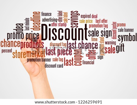 Discount word cloud and hand with marker concept on white background.
