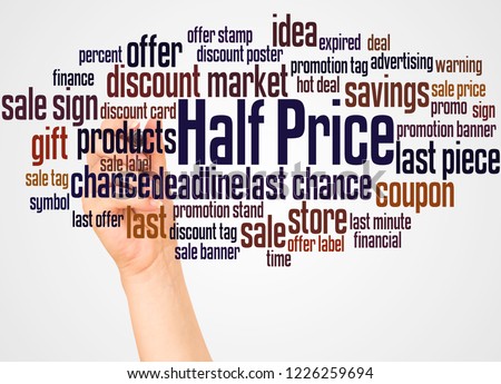 Half Price word cloud and hand with marker concept on white background.