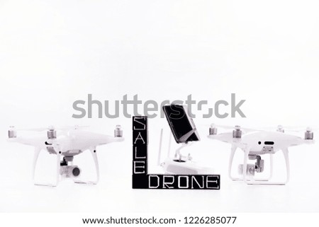 Flying drones on white background. Theme selling and buying drone