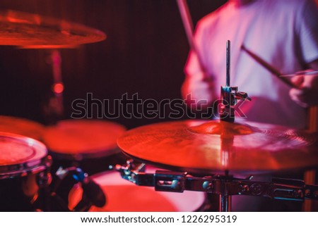 Professional drum set closeup. Drummer with drums, live music concert.