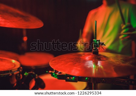 Professional drum set closeup. Drummer with drums, live music concert.