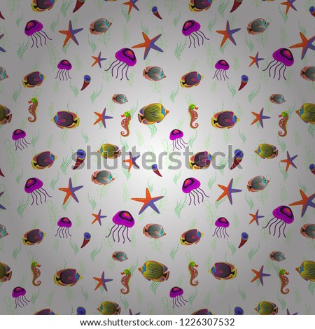 Fashionable template for design of clothes in orange, green and white colors. Sea tropical fishes. Embroidery sea life vector collection. Classical embroidery seamless pattern of tropical sea, fishes.