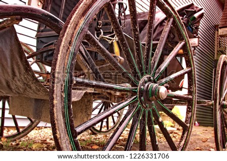 A close-up of a horse drawn carriage .