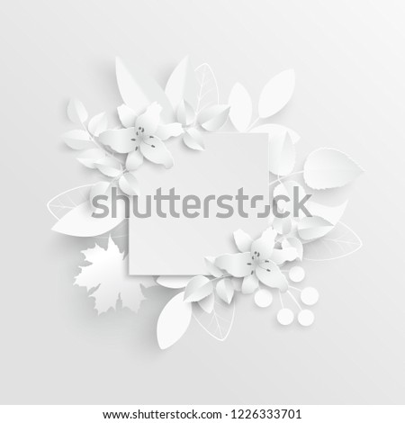 Paper flower. Lily. Square frame with abstract cut flowers. White lilies. Wedding decorations. Decorative bridal bouquet. Vector illustration. Greeting card template, blank floral wall decor. 