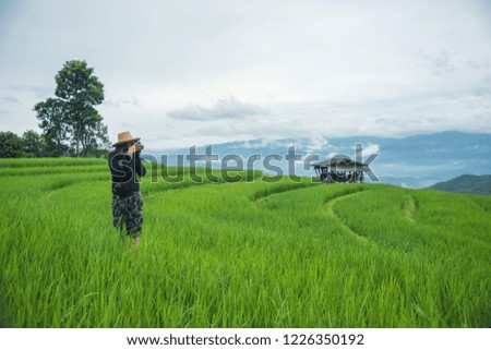 woman photographer, taking pictures of mountain landscape field farm at Pa Pong Piang, Chiang Mai, Thailand