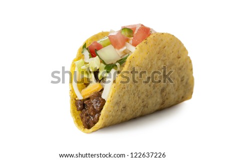 Close-up image of delicious Mexican taco lying on a white background