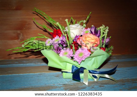 Beautiful Bouquet of Red White Roses and Purple Chrysanthemums