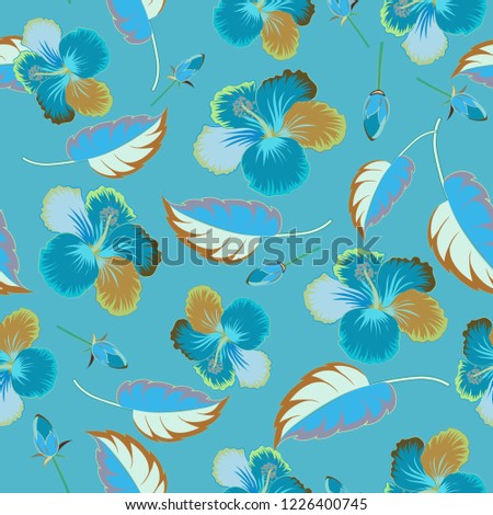 Various green and blue hibiscus hawaiian tropical flowers. Floral seamless pattern.