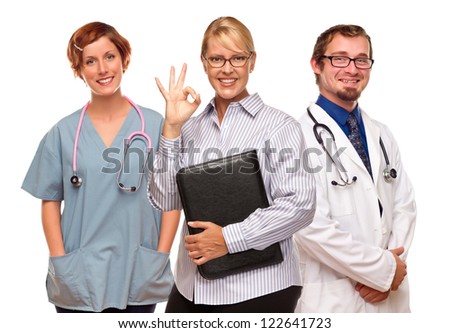 Businesswoman Making Okay Hand Sign with Two Doctors or Nurses Isolated on a White Background.