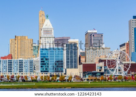 Colorful Cincinnati river front looking from Kentucky with Ferris wheel. Urban exploration photography 2018
