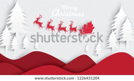 Merry Christmas and Happy New Year. Illustration of Santa Claus on the sky with reindeer sleigh and bag of gift, paper art and digital craft style