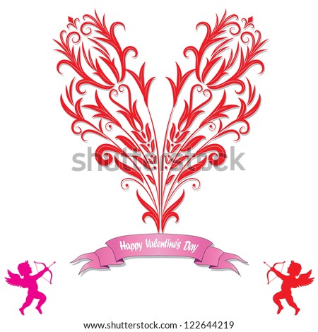 Heart love card, valentine day, background with flower, icon, ribbon, birthday card, vector illustration symbol. Element for design.