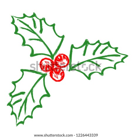 Illustration of hand-drawn stylized mistletoe plant outlines, with green leaves and red berries. An element of traditional Christmas decorations.