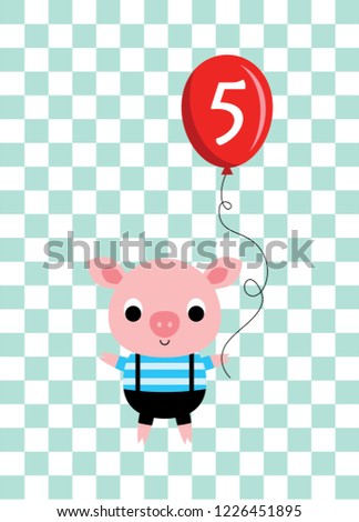 cute cartoon pig holds a balloon with number 5. cute pig 5th birthday celebration vector.