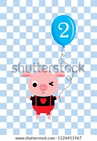 cute cartoon pig holds a balloon with number 2. cute pig 2nd birthday celebration vector.