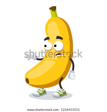 cartoon scared banana mascot in sneakers on a white background