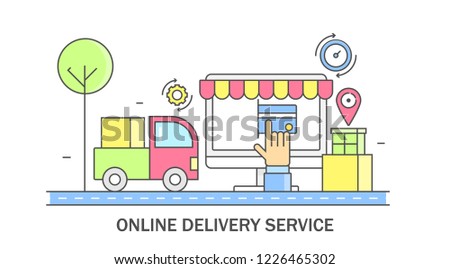 Online delivery service, Shopping delivery, Business service flat line vector isolated on white background