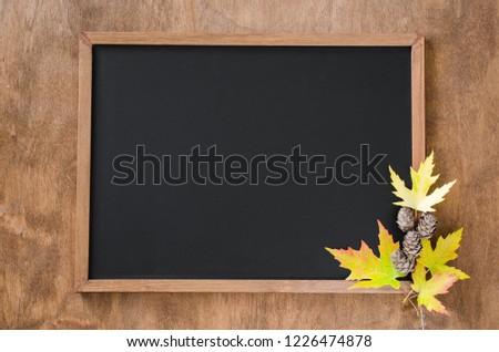 Autumn background with fall leaves and cones on wooden table. Black chalkboard in center with copy space for your text. Cozy Autumn Still Life. Back to School Concept. Top view Royalty-Free Stock Photo #1226474878