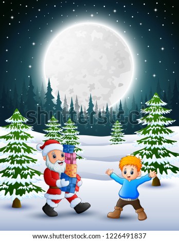 Happy christmas with santa claus holding a box gift and little boy in winter