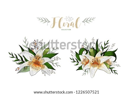 Wedding invitation card floral lily bouquets and golden lettering vector isolated on white. Template elements for romantic postcards