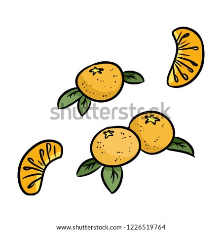 Mandarin set of isolated sticker doodles. Orange tangerines