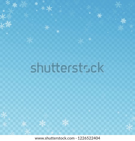 Sparse snowfall Christmas background. Subtle flying snow flakes and stars on blue transparent background. Adorable winter silver snowflake overlay template. Fresh vector illustration.