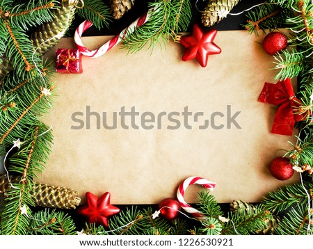 Colorful christmas background with pine tree. Viewed from above.