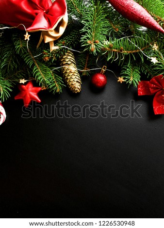 Colorful christmas background with pine tree. Viewed from above.