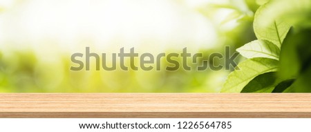 Wood table top and blur natural background in garden for product and display montage banner size. Royalty-Free Stock Photo #1226564785