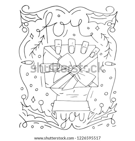 Hand outline vector placard illustration. Unique lettering. Woman hand with present. Holiday gift. (Can be used as texture for cards, invitations, DIY projects, web)