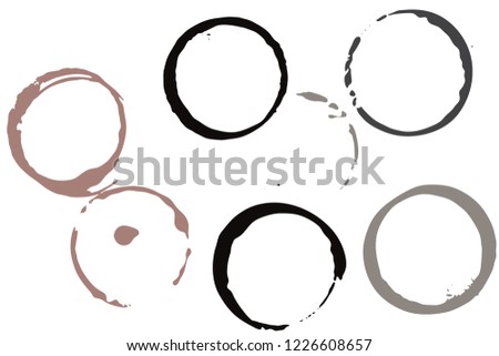 Set of grunge vector coffee cup stains or vine glass marks isolated on white. Ink, wine, water, paint or other liquid cup stains. Spray splashes collection