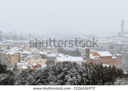In Florence, Italy, a panoramic view from the Ponte Vecchio in the winter with snow