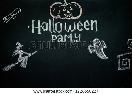 Black background with text and pictures for the celebration of Halloween.
