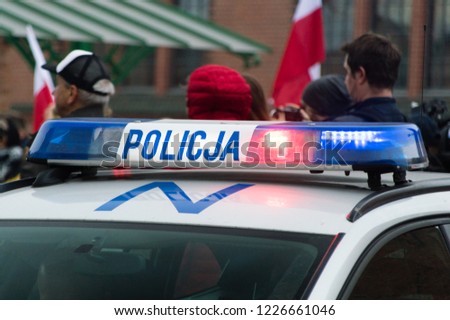 Policja car lights. Policja is the polish word for Police.