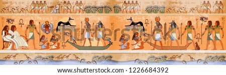 Ancient Egypt scene, mythology. Egyptian gods and pharaohs. Hieroglyphic carvings on the exterior walls of an ancient temple  Royalty-Free Stock Photo #1226684392