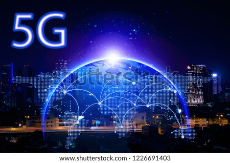 5G network wireless systems and internet of things on city night background.concept of future technology.