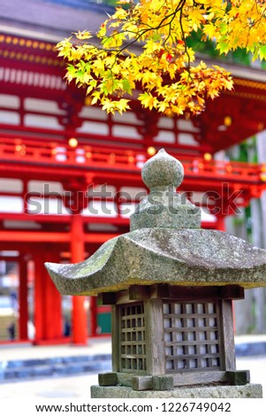 Stone Lanterns with autumn Leaves in Japanese Temple