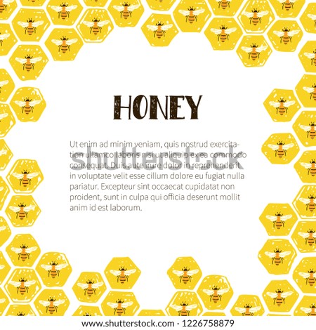 Honey frame with honeycomb and bees. Vector hand drawn illustration.