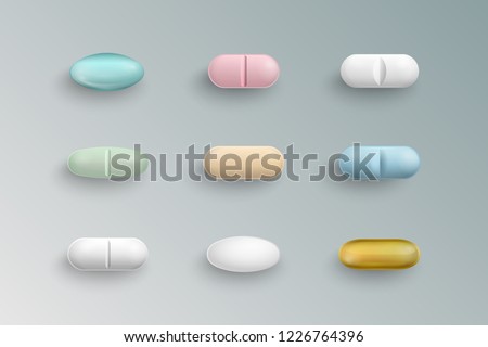 Realistic colorful medical pills, tablets, capsules isolated on  background. 3d pills pharmaceutical vector illustration. Royalty-Free Stock Photo #1226764396