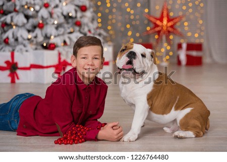 Christmas Holidays. handsome boy enjoy life time with his friend english bulldog close to new year tree with plenty presents around.Magic Christmas
