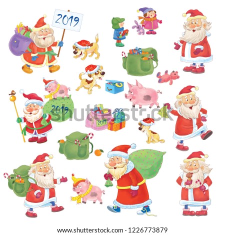 Christmas. New Year 2019. Year of Pig. Greeting card. Illustration for children. Cute and funny cartoon characters. Coloring page