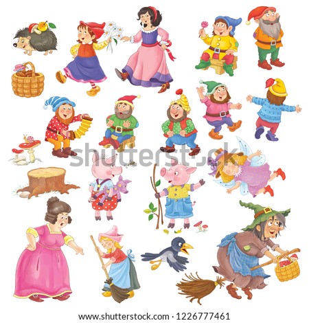 Set of cute fairy tale characters. isolated on white background. Coloring page. Illustration for children
 