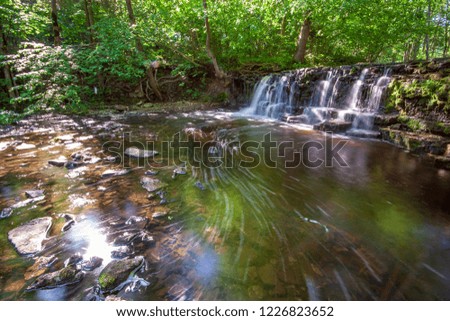long exposure rocky mountain river in summer with high water stream level in forest with trees and sandy foreground shore