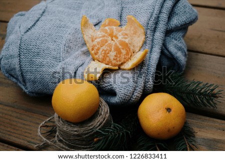 Fresh mandarin and twig of christmas tree on wooden background.
