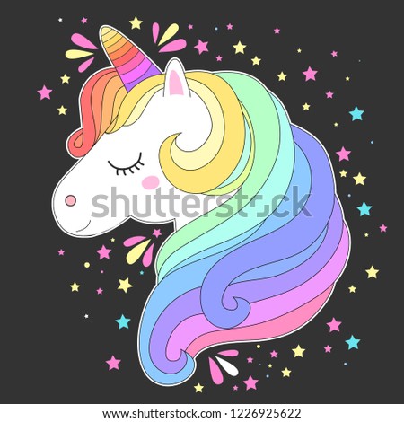 Unicorn head with rainbow hair. White unicorn face with raibow hair and stars cute fashion kids print for t-shirt and bags