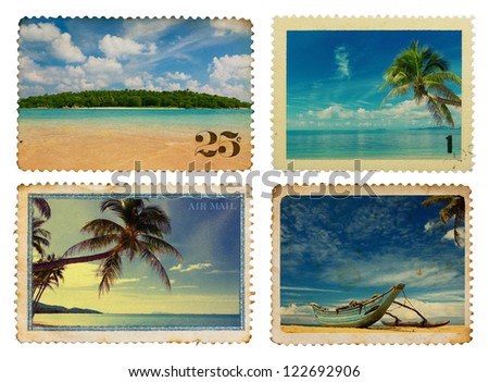 Vintage postage stamps with tropical palms and island Royalty-Free Stock Photo #122692906