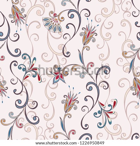 Seamless pattern in ethnic traditional style. Abstract vintage pattern with decorative flowers, leaves and Paisley pattern in Oriental style.