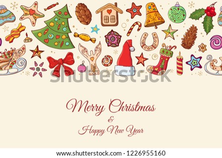 Seamless festive border pattern with traditional Christmas symbols. Endless traditional texture for Christmas design, fabrics, wallpapers, greeting cards, wrappings. Vector color illustration.