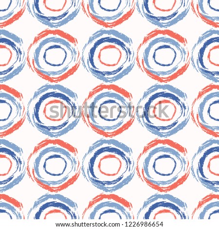 Abstract Brush Stroke Circles Seamless Vector Pattern, Polka Dots Hand Painted Illustration for Trendy Home Decor, Summer Fashion Prints, Wallpaper, Red Blue Beach Textile. Kids Marine Background. 