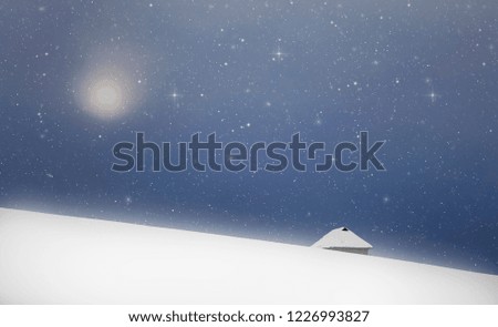 background for Christmas and New Year with cottage in mountains covered with fresh snow - Magic holiday postcard 